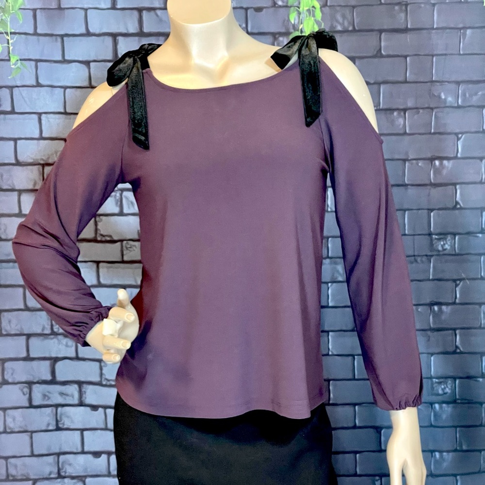International Concepts (INC) long sleeved purple top with black velvet bows